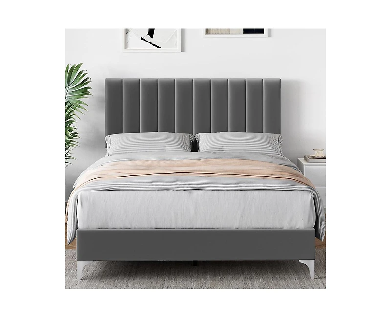 gaomon Bed Frame Modern Velvet Upholstered 11 Inch Bed Frame with Headboard No Box Spring Needed, Gray