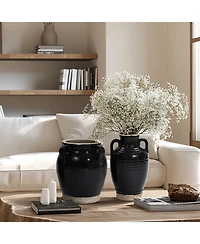 LuxenHome Black Jug 10-Inch Tall Terracotta Vase with Two Handles