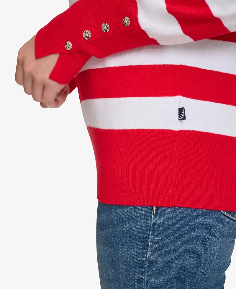Nautica Jeans Women's Crewneck Stripe Sweater with Button Sleeve