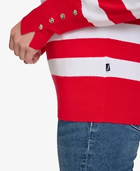 Nautica Jeans Women's Crewneck Stripe Sweater with Button Sleeve