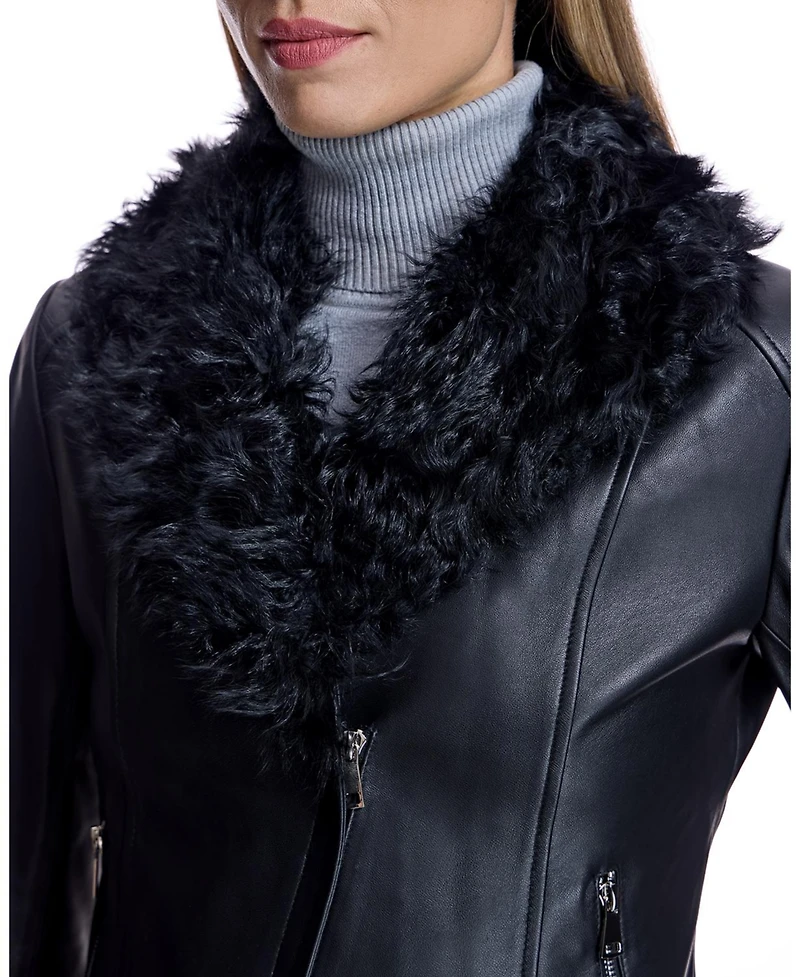 Julia & Stella by Maximilian Women's Leather Jacket with Curly Lamb Collar