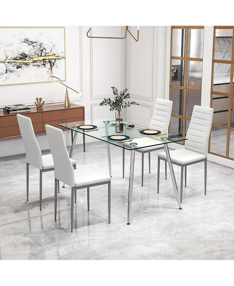 Gymax 5 Pcs 51'' Rectangle Dining Set 0.3'' Thick Glass Table w/ 4 Padded Dining Chairs