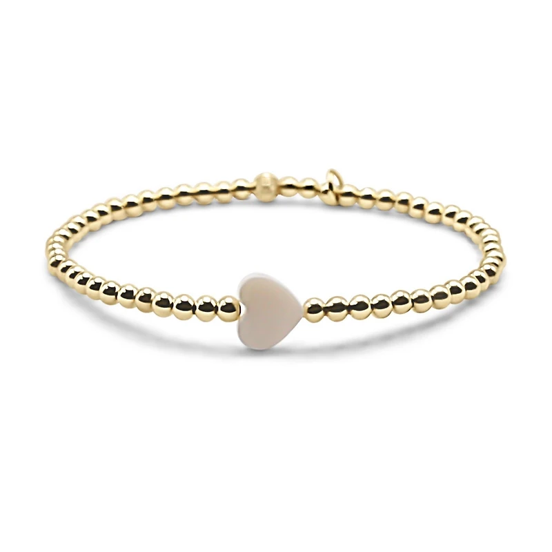 Non-Tarnishing Gold Filled 3mm Ball and Shell Heart Stretch Bracelet