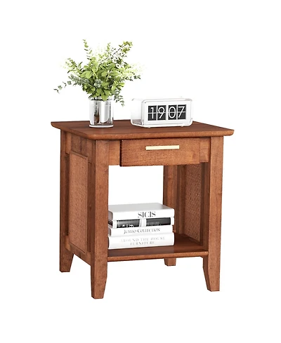 Gymax Boho Style Nightstand 3-Tier Sofa Side End Table w/ Drawer & Shelf Walnut