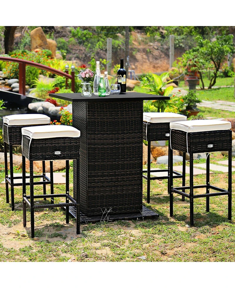 5 Pieces Patio Rattan Bar Furniture Set with Cushions and Hidden Storage Shelf