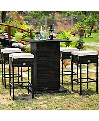 5 Pieces Patio Rattan Bar Furniture Set with Cushions and Hidden Storage Shelf