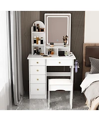 Famapy 5-Drawers White Makeup Vanity Sets Dressing Table Sets With Stool, Led Lighted Mirror, Power Strip and Hair Dryer Holder