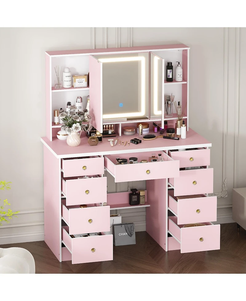 Famapy Pink Modern Makeup Vanity Desk 9-Drawers Wood Dressing Table with 3 Mirrors, Hidden Storage Shelves, Led Lighted Lights