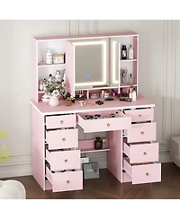 Famapy Pink Modern Makeup Vanity Desk 9-Drawers Wood Dressing Table with 3 Mirrors, Hidden Storage Shelves, Led Lighted Lights