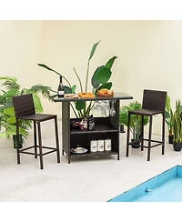 Sugift 3 Pieces Outdoor Wicker Bar Set with 3 Rows Stemware Racks
