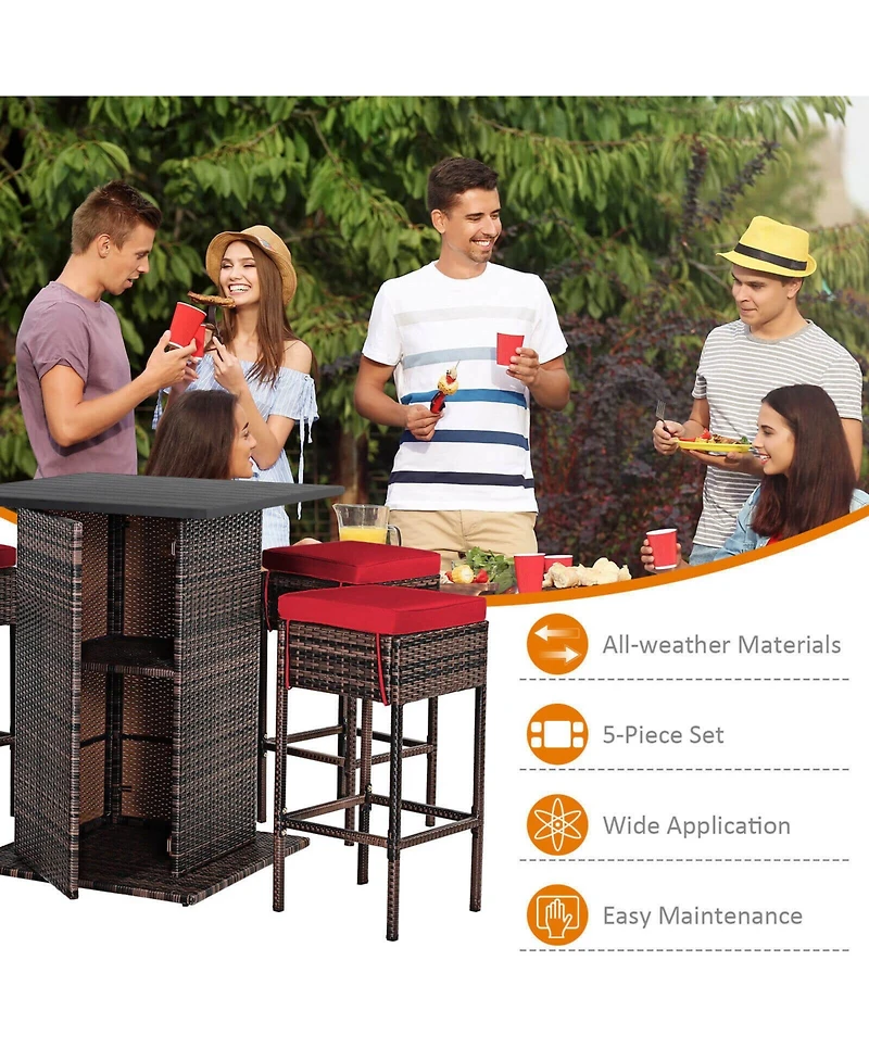 5 Pieces Patio Rattan Bar Furniture Set with Cushions and Hidden Storage Shelf