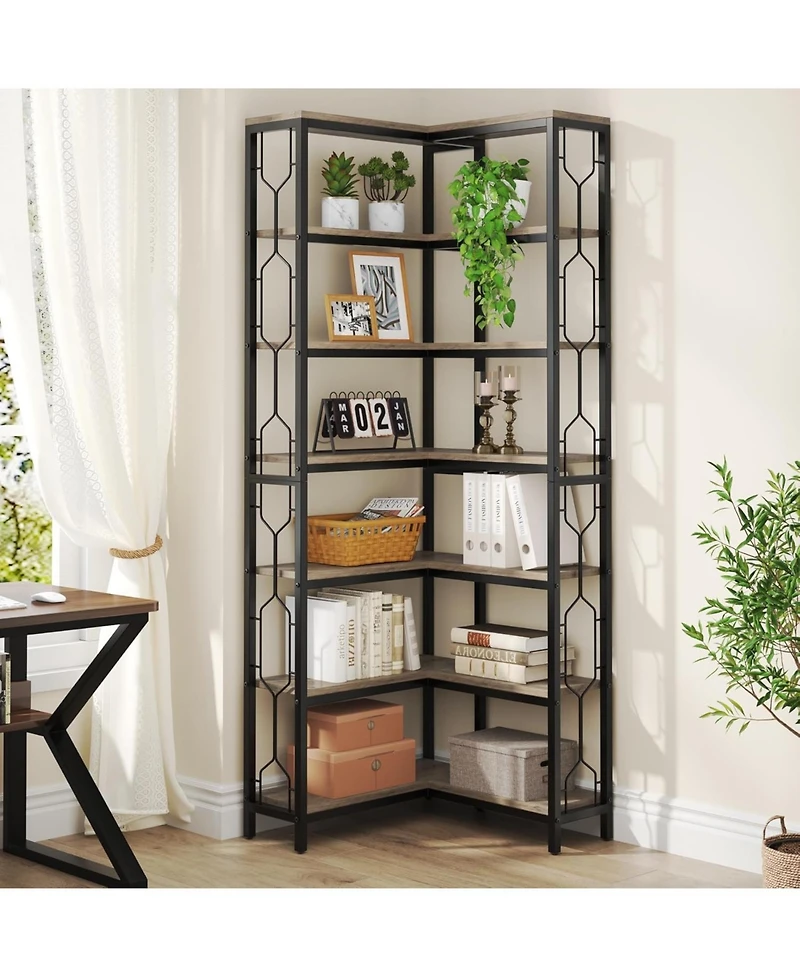 Tribesigns Corner Shelf, 7-Tier Industrial Bookshelf, Wood and Metal Etagere Bookcase, Freestanding Display Shelf for Living Room, Kitch