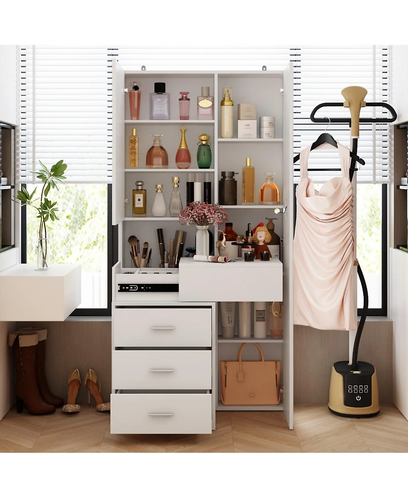 Famapy White Makeup Vanity Desk Wood Dressing Table With Sliding Top, Full-Length Mirror, Hidden Shelves, Drawers, Led Lights