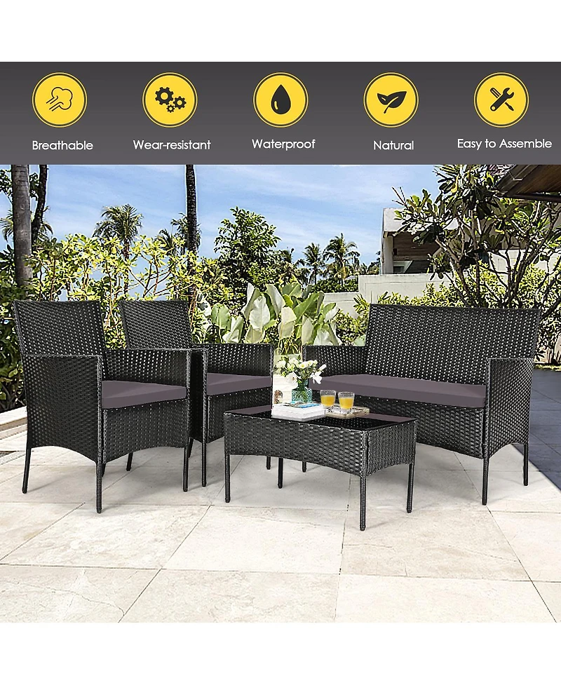 Sugift 4 Pieces Patio Rattan Cushioned Sofa Set with Tempered Glass Coffee Table-Grey & Off White