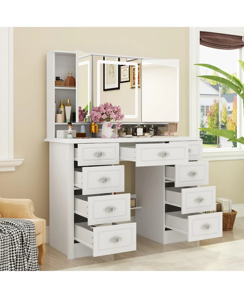 Homsee White Makeup Vanity Table Dressing Desk 3-Mirrors,Led Lighted, 9-Drawers, Hidden Storage Shelves, Carved Metal Handles