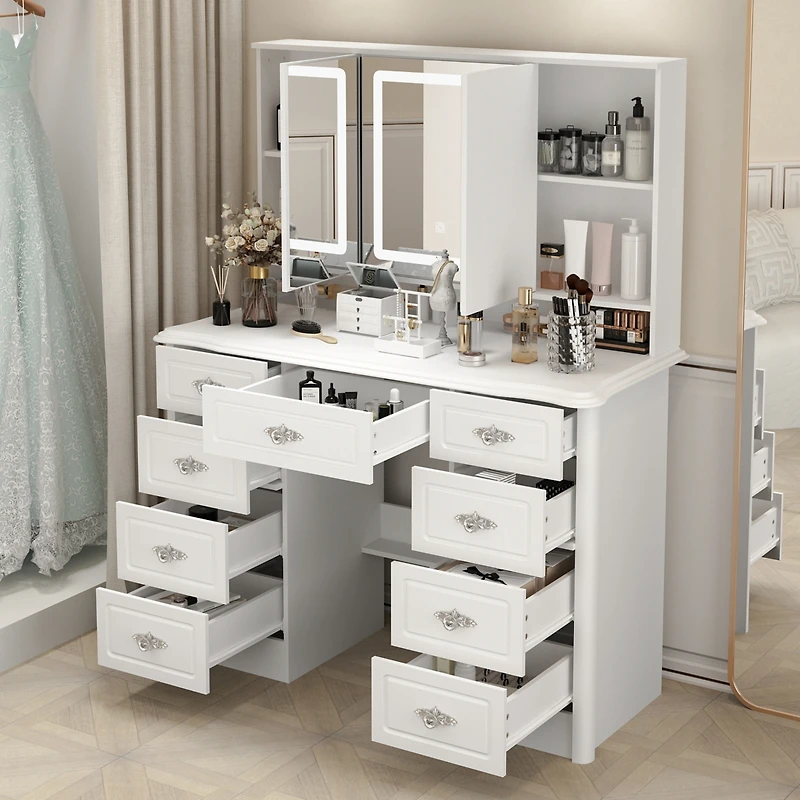 Homsee White Makeup Vanity Table Dressing Desk 3-Mirrors,Led Lighted, 9-Drawers, Hidden Storage Shelves, Carved Metal Handles
