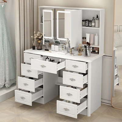 Homsee White Makeup Vanity Table Dressing Desk 3-Mirrors,Led Lighted, 9-Drawers, Hidden Storage Shelves, Carved Metal Handles