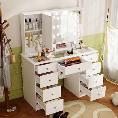 Famapy White Makeup Vanity Desk 9 Drawers Wood Dressing Table With 3 Led Bulb Light Mirrors, Glass Top, Hidden Storage Shelves