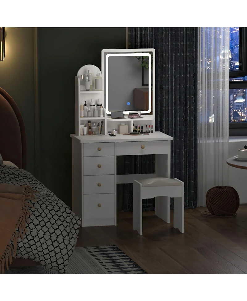 Homsee 5-Drawers Pink Makeup Vanity Sets Dressing Table Sets with Stool, Mirror, Led Light and 3-Tier Storage Shelves