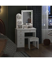 Homsee 5-Drawers Pink Makeup Vanity Sets Dressing Table Sets with Stool, Mirror, Led Light and 3-Tier Storage Shelves