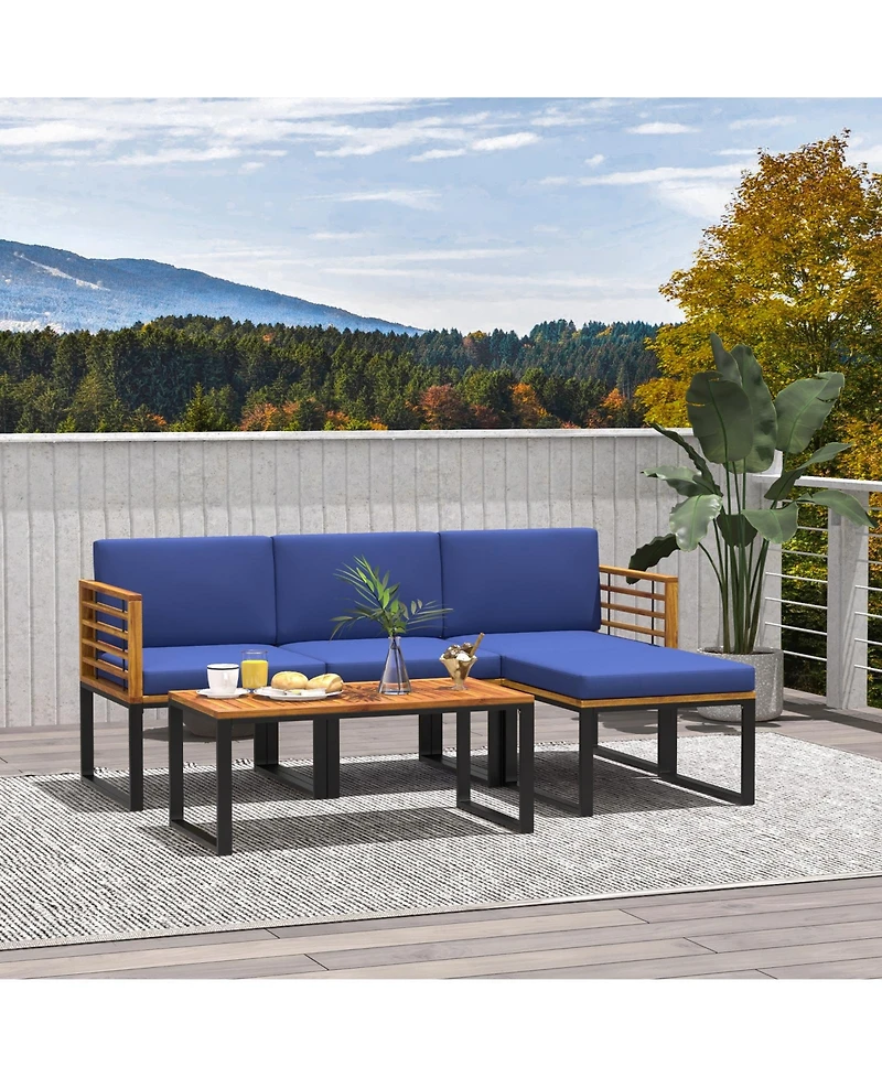 Sugift 5-Piece Patio Acacia Wood Chair Set with Ottoman and Coffee Table