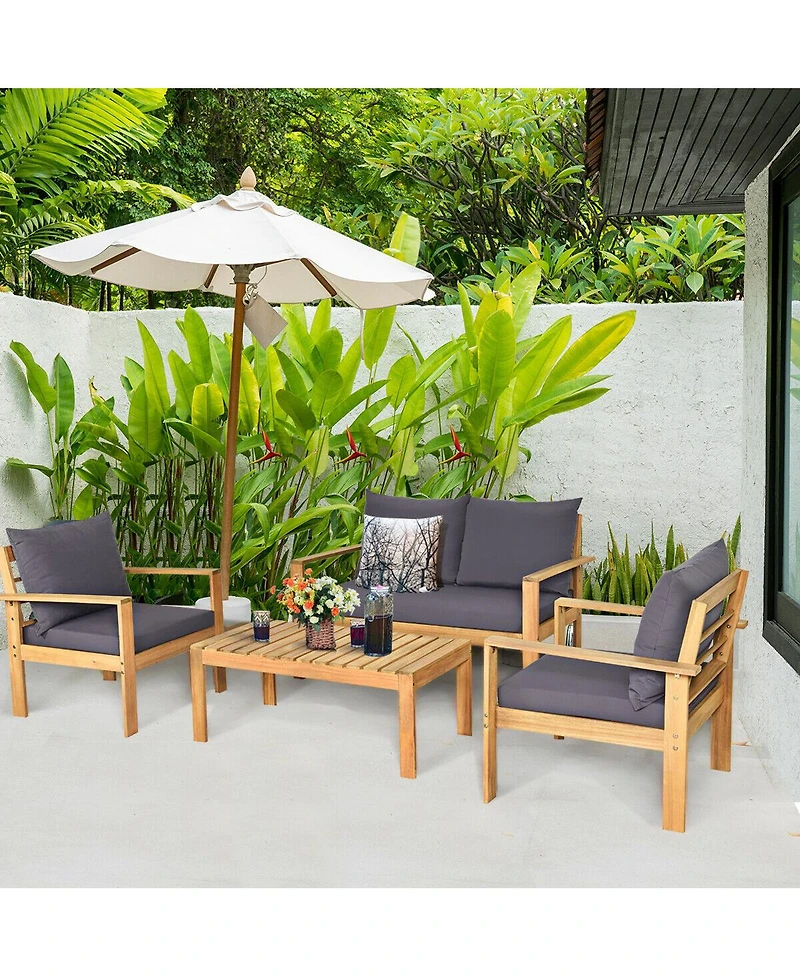 Inolait Outdoor 4 Pieces Acacia Wood Conversation Sets with Water Resistant Cushions