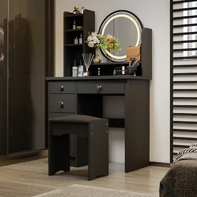 Famapy 5-Drawers White Wood Makeup Vanity Table Dresser Sets Dressing Desk with Led Mirror and Open Shelves