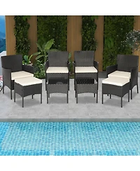 8 Pieces Patio Wicker Conversation Set with 2 Coffee Tables and 2 Ottomans