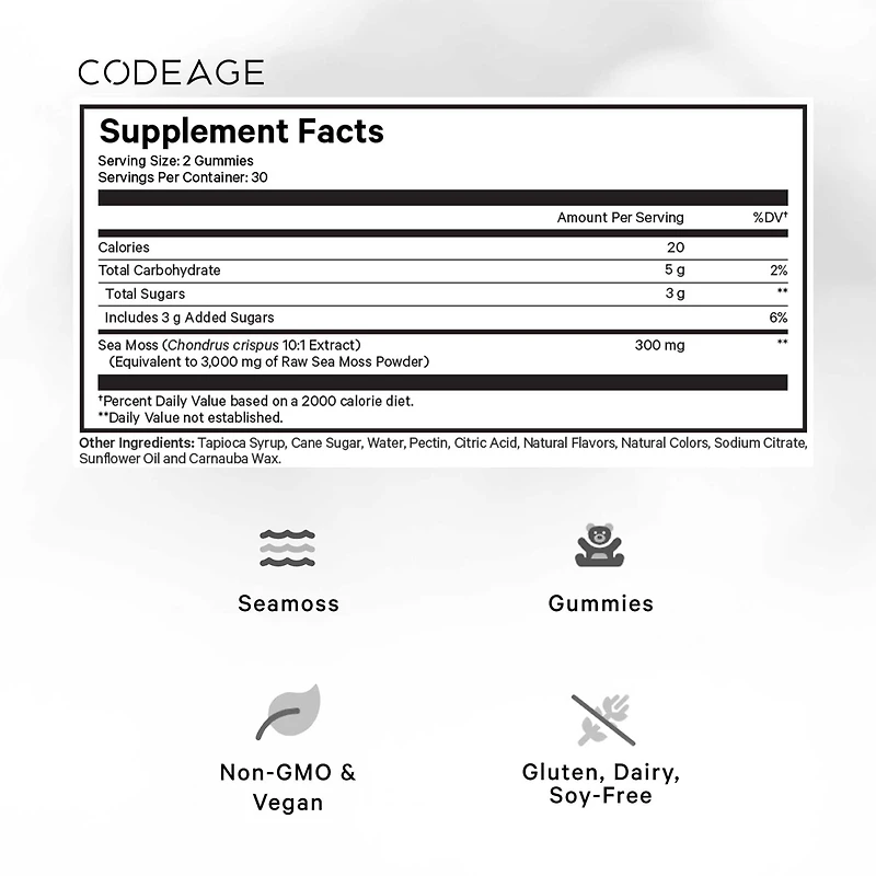 Codeage Irish Sea Moss Gummies Supplement - 300mg Irish Sea Moss Extract Equivalent to 3,000mg of Raw Sea Moss Powder - Delicious Strawberry Flavor