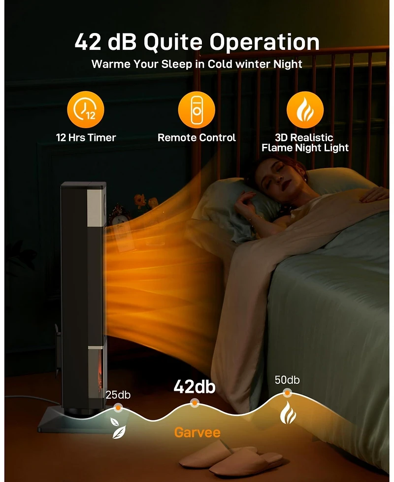Garmin 33" Space Heater for Large Room, Tower Heater for Indoor Use, 1500W Ptc Ceramic Heater with 3D Flame Effect, Heat Up 200 Square Feet, 90°O