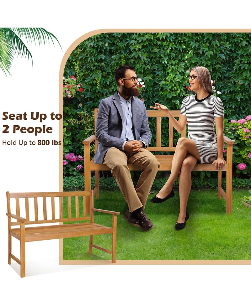 2-Person Patio Acacia Wood Bench with Backrest and Armrests