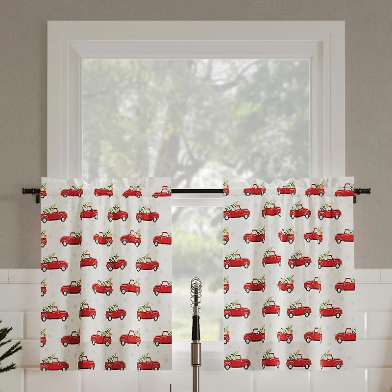 Christmas Pickup Truck Semi-Sheer Rod Pocket Kitchen Curtain Tier Pair