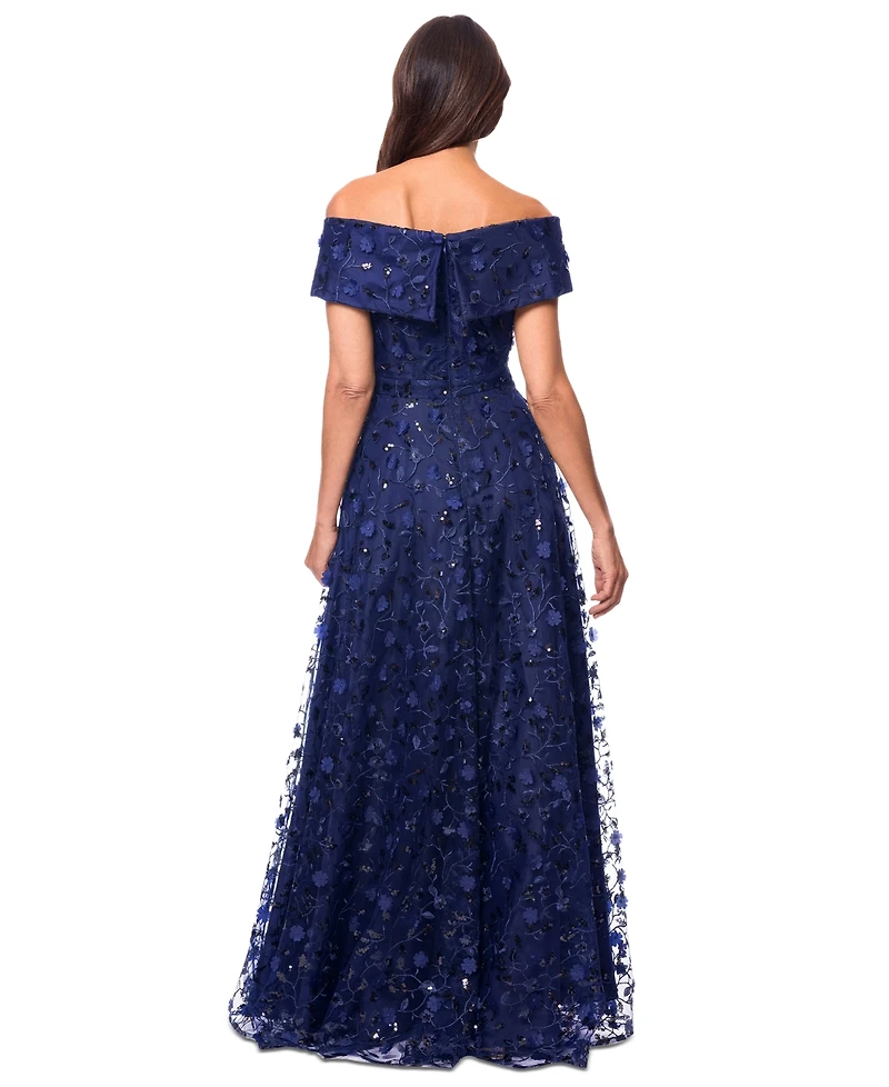 Xscape Women's 3D Floral Embroidered Off-The-Shoulder Gown
