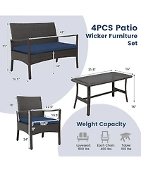 Sugift 4 Pieces Rattan Conversation Set with Tempered Glass Coffee Table