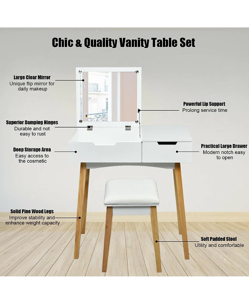 Sugift Wooden Vanity Table with Flip Top Mirror and Cushioned Stool