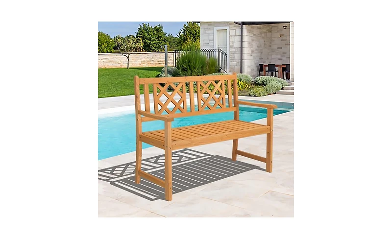 Slickblue Outdoor Garden Fir Wood Bench with Grid Back in Burlywood – Stylish and Durable Seating Solution for Patios, Gardens, and Outdoor Spa