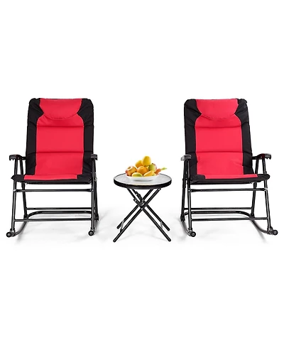 Sugift 3 Pieces Outdoor Folding Rocking Chair Table Set with Cushion