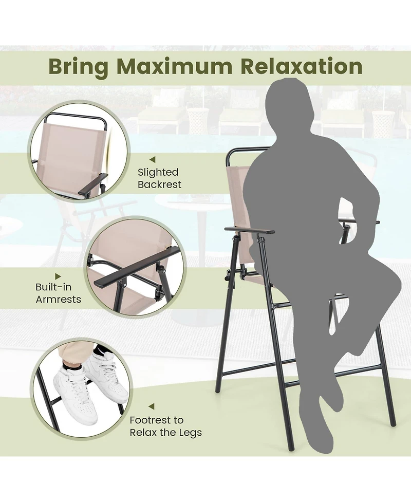 Sugift Patio Folding Bar Stool Set of 2 with Metal Frame and Footrest