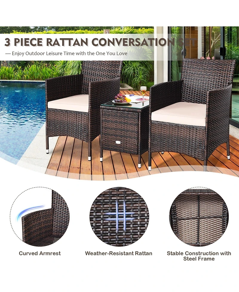 Sugift 3 Pieces Ergonomic Wicker Patio Conversation Set-Beige