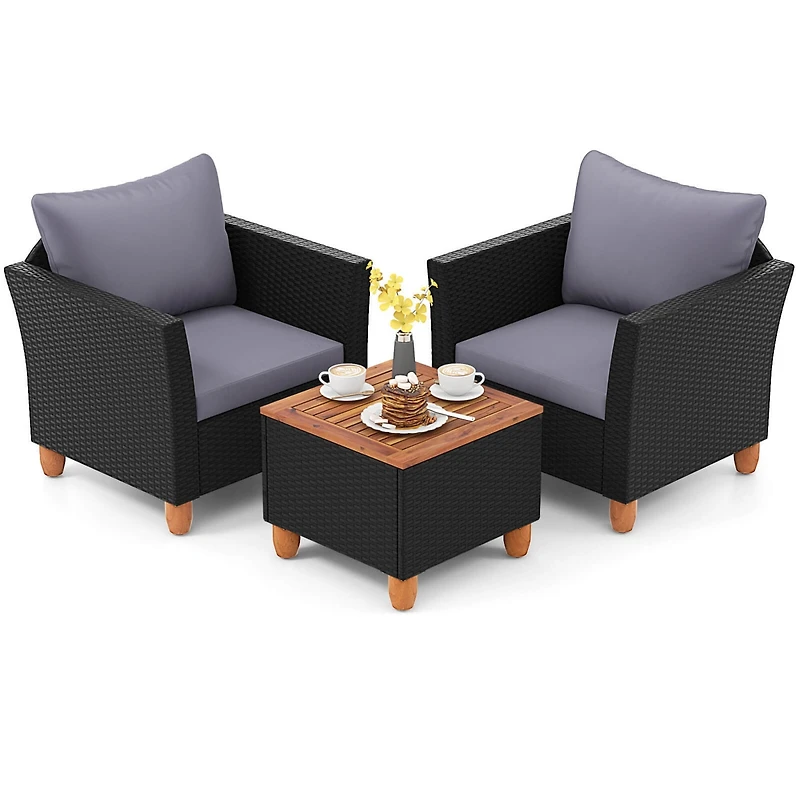 Costway 3 Pcs Patio Rattan Furniture Set Cushioned Sofa Storage Table with Wood Top