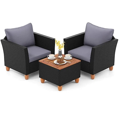 Costway 3 Pcs Patio Rattan Furniture Set Cushioned Sofa Storage Table with Wood Top