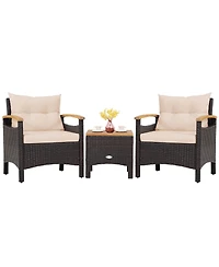 3PCS Patio Rattan Furniture Set Wooden Armrest Table Top Cushioned