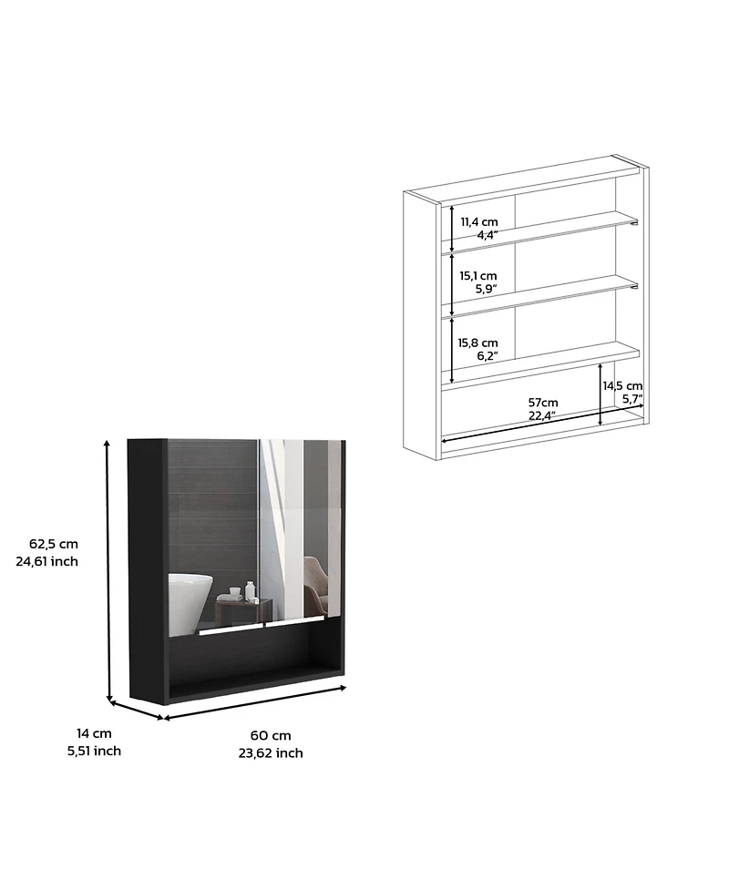 Depot E-shop Tatacoa Mirror Medicine Cabinet, One Open Shelf, Three Interior Shelves