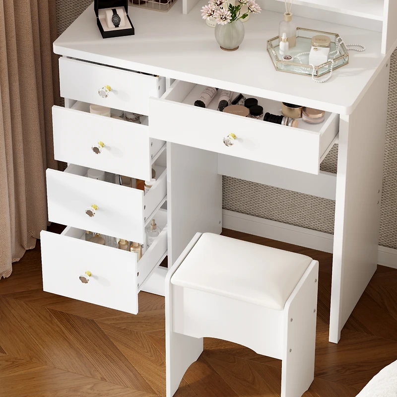 Famapy 5-Drawers Pink Makeup Vanity Dressing Table Set with Stool, Mirror and Storage Shelves Girls Dressing Table