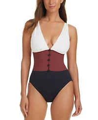 Bleu by Rod Beattie Women's Colorblocked Button-Front One-Piece Swimsuit
