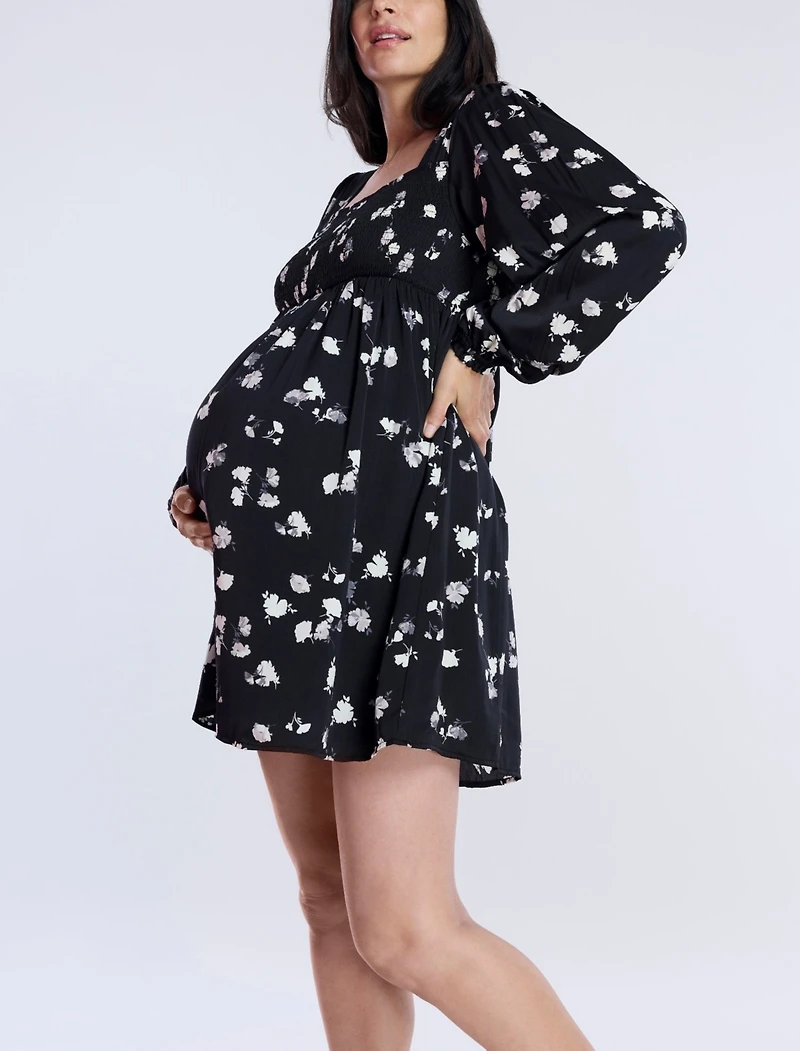 Motherhood Maternity Smocked Babydoll Long Sleeve Mini Dress