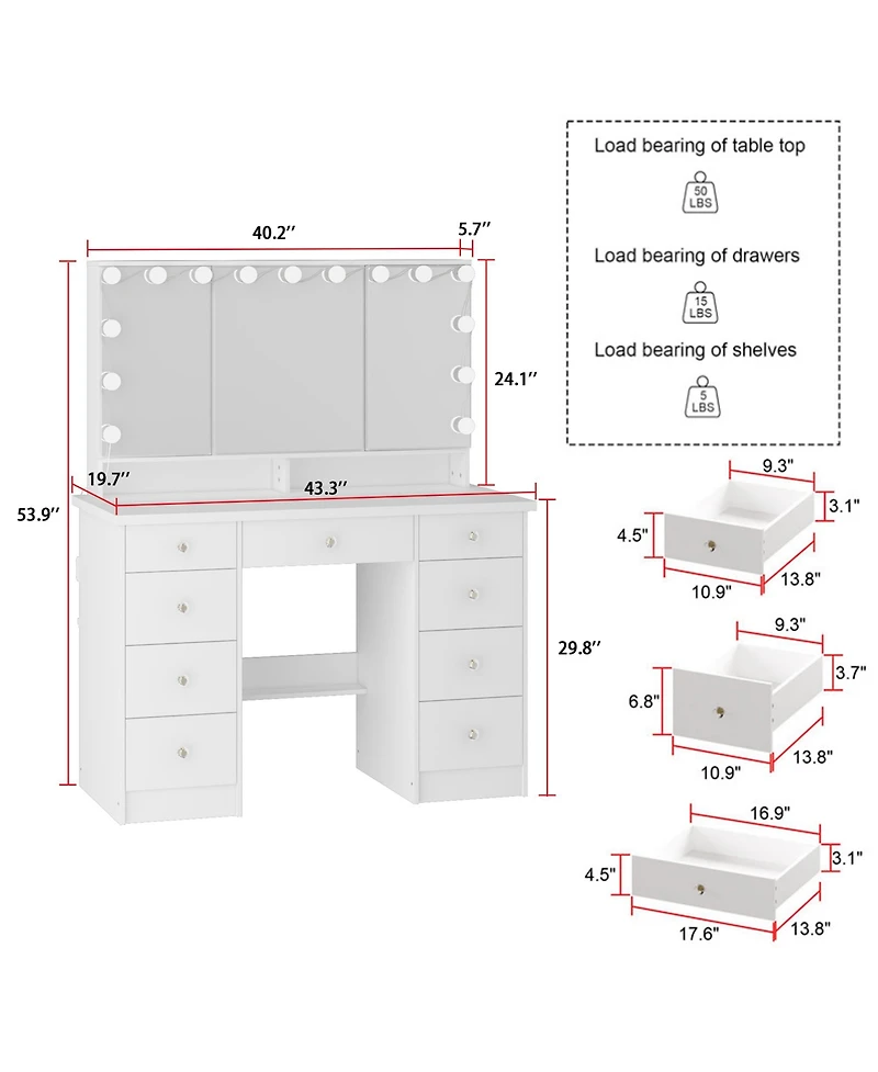 Homsee White Modern Makeup Vanity Desk 9 Drawers Wood Dressing Table With 3 Mirrors, Hidden Storage Shelves, Led Bulb Lights