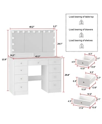 Homsee White Modern Makeup Vanity Desk 9 Drawers Wood Dressing Table With 3 Mirrors, Hidden Storage Shelves, Led Bulb Lights