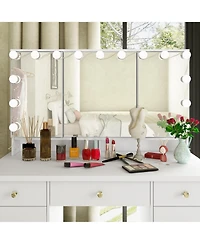 Homsee White Modern Makeup Vanity Desk 9 Drawers Wood Dressing Table With 3 Mirrors, Hidden Storage Shelves, Led Bulb Lights