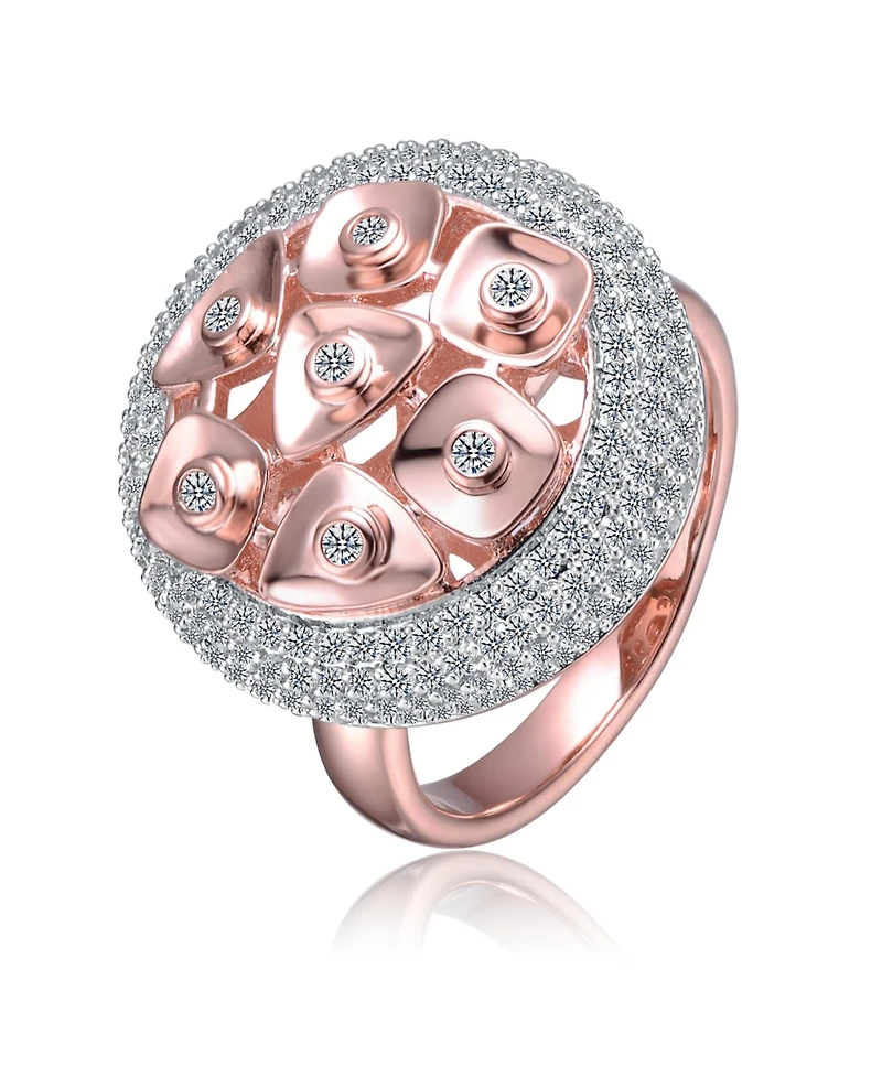 Sterling Silver Two-Tone with Clear Cubic Zirconia Cocktail Ring-White Gold Plated and 18k Rose